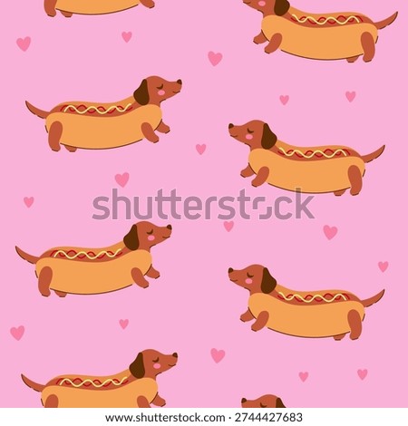 Seamless pattern with dachshunds hot dogs. Vector graphics.
