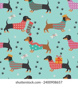 Seamless pattern with dachshunds on blue background.
