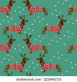 Seamless pattern with dachshunds and snowflakes on blue background. Vector illustration. 