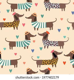 Seamless pattern with dachshunds in summer dress with hearts. Vector illustration. 