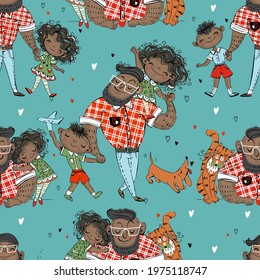 Seamless pattern with dad and kids. Father's Day. Dark skin color. Vector.