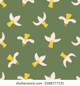 Seamless pattern with daffodil flower buds. Floral vector flat background in naive style