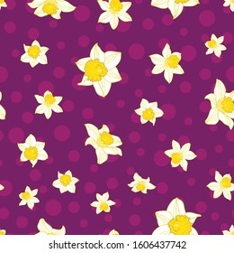 Seamless pattern daffodil flower on purple dots background