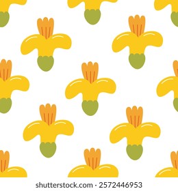 Seamless pattern with daffodil flowers. Floral vector flat background in hand drawn naive style