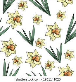 Seamless pattern, daffodil flowers with green leaves on a transparent background