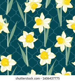 Seamless pattern of daffodil flowers on green Quatrefoil background