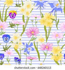 Seamless pattern with daffodils, anemones, violets in botanical vintage style with rococo decor on blue and white stripes background . Stock line vector illustration.