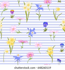 Seamless pattern with daffodils, anemones, violets in botanical vintage style with rococo decor on blue and white stripes background . Stock line vector illustration.