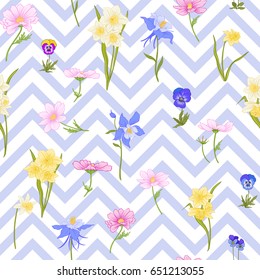 Seamless pattern with daffodils, anemones, violets in botanical vintage style with rococo decor on blue and white stripes background . Stock line vector illustration.