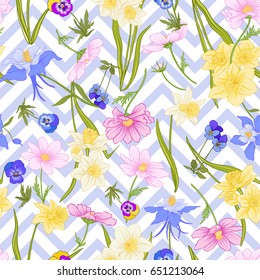 Seamless pattern with daffodils, anemones, violets in botanical vintage style with rococo decor on blue and white stripes background. Stock line vector illustration.