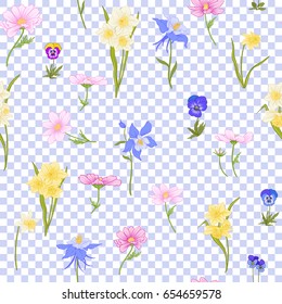 Seamless pattern with daffodils, anemones, violets in botanical vintage style with rococo decor on blue and white stripes background. Stock line vector illustration.