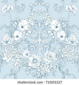 Seamless pattern with daffodils, anemones, violets 