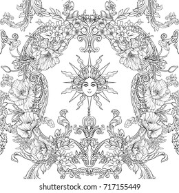 Seamless pattern with daffodils, anemones, violets in botanical 