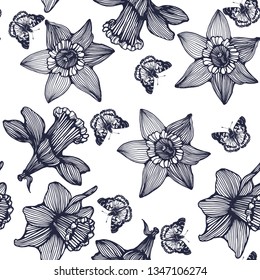 seamless pattern, daffodils and butterflies, hand drawing, spring, summer background