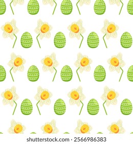 Seamless pattern with daffodils and Easter green eggs