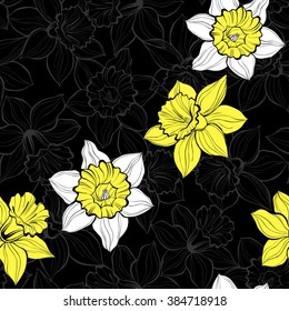 Seamless pattern with daffodils on black background. Hand-drawn  vector illustration.