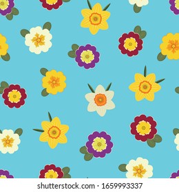 seamless pattern with daffodils and primroses on a light blue background