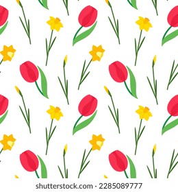 Seamless pattern with daffodils and tulips. Can be used to fill web page background, textile, wrapping paper. Vector