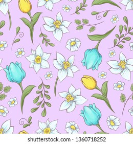 Seamless pattern of daffodils tulips. Hand drawing vector illustration.