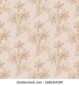 seamless pattern with daffodils, vector of golden lines
