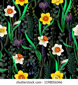 Seamless pattern with daffodils and wild flowers. 