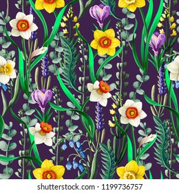 Seamless pattern with daffodils and wild flowers. 