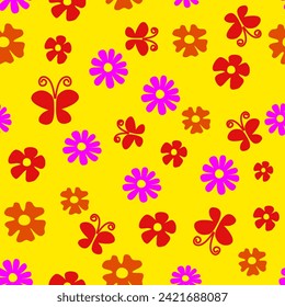Nahtloses Muster mit Dahlienblüte einzeln auf gelbem Hintergrund. Endlose Textur mit zarten Blumen und Schmetterling im Flachstil, Tapete-Design