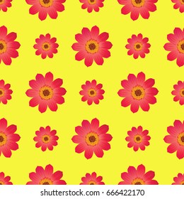 Seamless pattern with dahlia blossom isolated on yellow background. Endless texture with tender flowers in flat style, wallpaper design