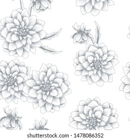 Seamless pattern with dahlia flower bouquet sketch style in black and white monochrome color