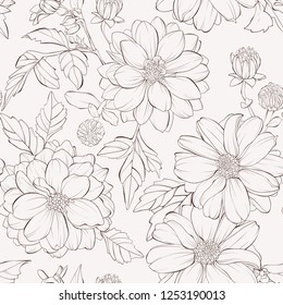 Seamless pattern with dahlia flowers. Ink hand drawn flowers. Floral background.