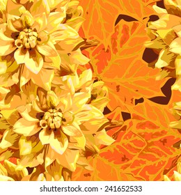 seamless pattern of dahlia flowers and maple leaves
