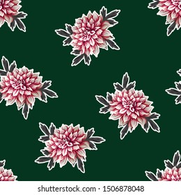 Seamless pattern with dahlia flowers on green background. Vector
