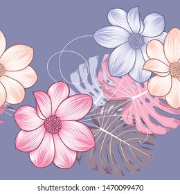 Patrón sin foco con flores de dalia y hojas tropicales. Fondo abstracto para papel pintado, papel de embalaje, embalaje.