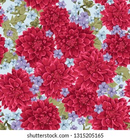 Seamless pattern with dahlia flowers and wild flowers.