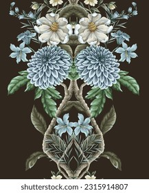 Seamless pattern with dahlia and magnolia flowers. Vector