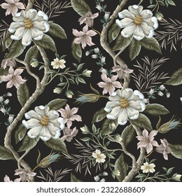 Seamless pattern with dahlia and magnolia flowers. Vector