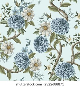 Seamless pattern with dahlia and magnolia flowers. Vector