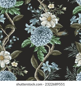 Seamless pattern with dahlia and magnolia flowers. Vector