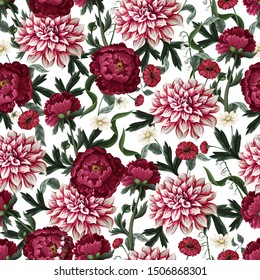 Seamless Pattern With Dahlia, Peonies And Wild Flowers. Vector.