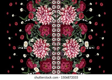 Seamless pattern with dahlia, peonies, wild flowers and geometrical elements. Vector.