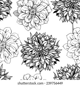 Seamless pattern with dahlias, Line Art