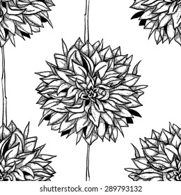 Seamless pattern with dahlias, monochrome