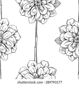 Seamless pattern with dahlias, monochrome