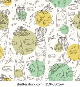 Seamless pattern with daikon: root and a piece of daikon. Chinese radish. Vector hand drawn illustration.