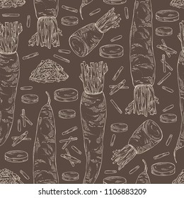 Seamless pattern with daikon: root and a piece of daikon. Chinese radish. Vector hand drawn illustration.