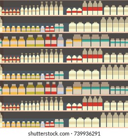seamless pattern of dairy department, milk shelf with fresh healthy in supermarket, big choice of organic farm products sale in food shop, yogurt background vector illustration.