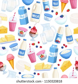 Seamless pattern dairy products. Background with cottage cheese, milk, butter, cheese and sour cream. Yogurt, ice cream, smoothies, whipped cream for design market farm product.