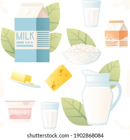 Seamless pattern of dairy products cheese milk and yogurt vector illustration on white background
