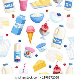 Seamless pattern dairy products. Cottage cheese, milk, butter, cheese and sour cream. Yogurt, ice cream, smoothies, whipped cream for design market farm product. Vector background.