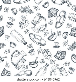 Seamless pattern dairy products, hand drawn, sketches foods. Icons cooking. To design menus, books of recipes, packaging, parts for coloring. Isolated vector. Vintage. Healthy Eating.